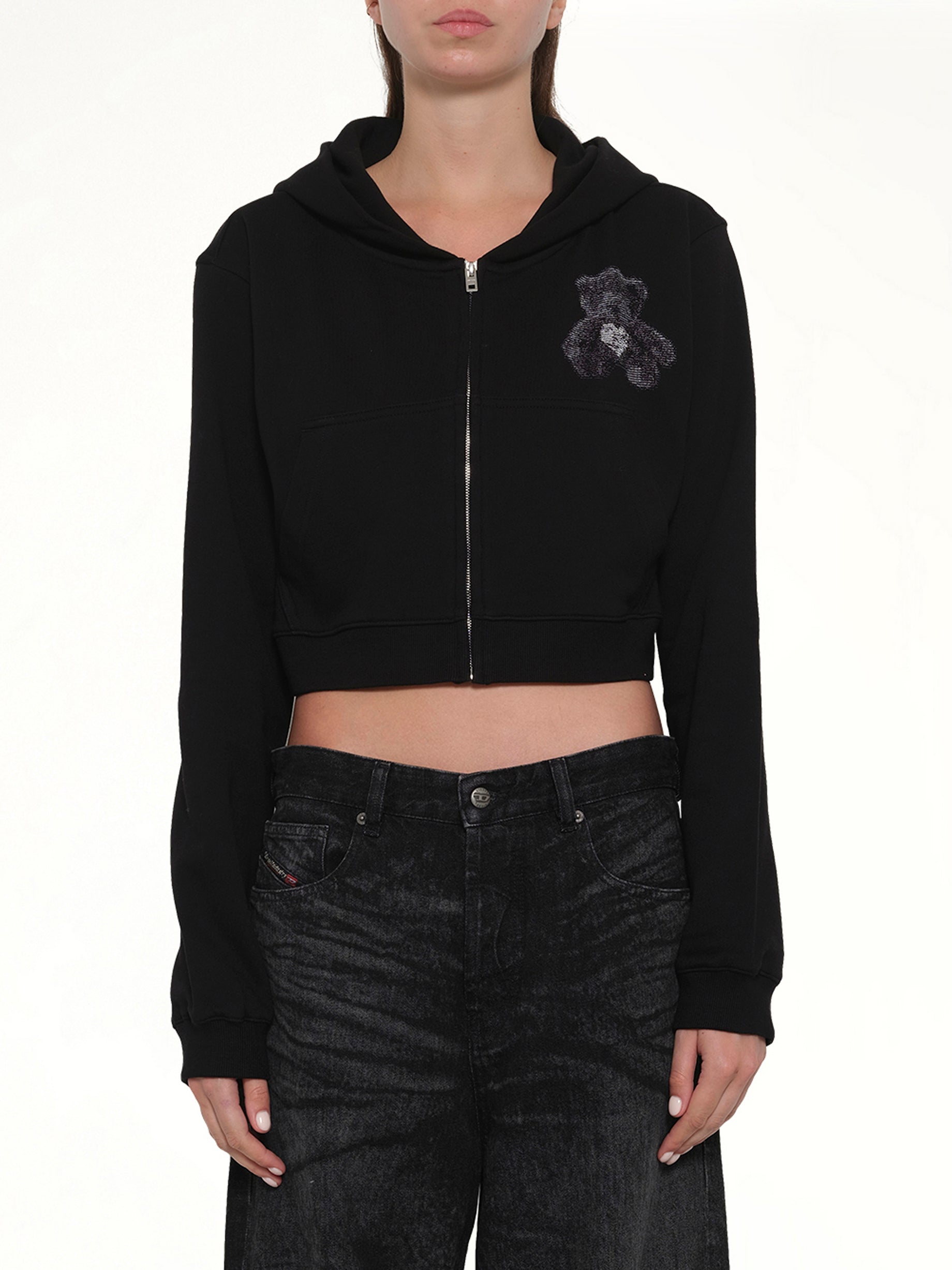 Teddy Bear Zip-Up Slim-Fit Hoodie in Black
