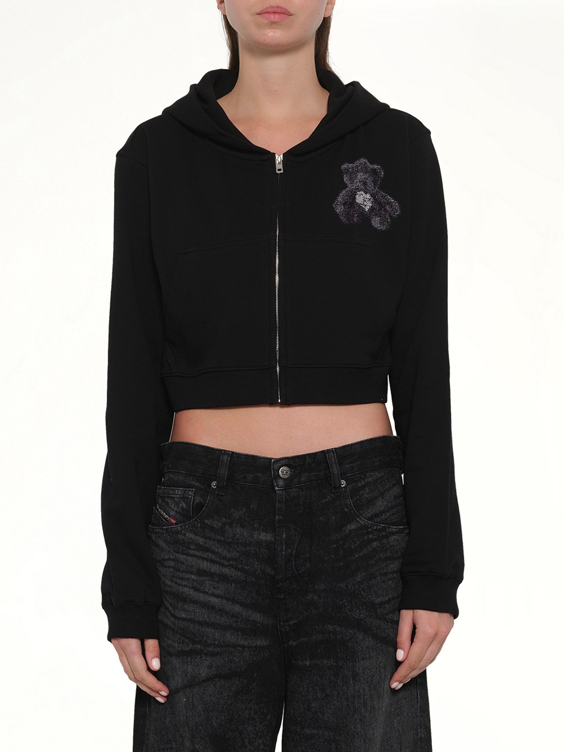 Teddy Bear Zip-Up Slim-Fit Hoodie in Black