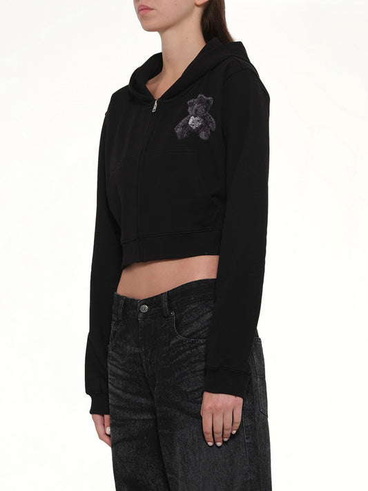 Teddy Bear Zip-Up Slim-Fit Hoodie in Black