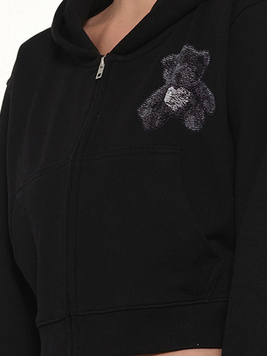 Teddy Bear Zip-Up Slim-Fit Hoodie in Black