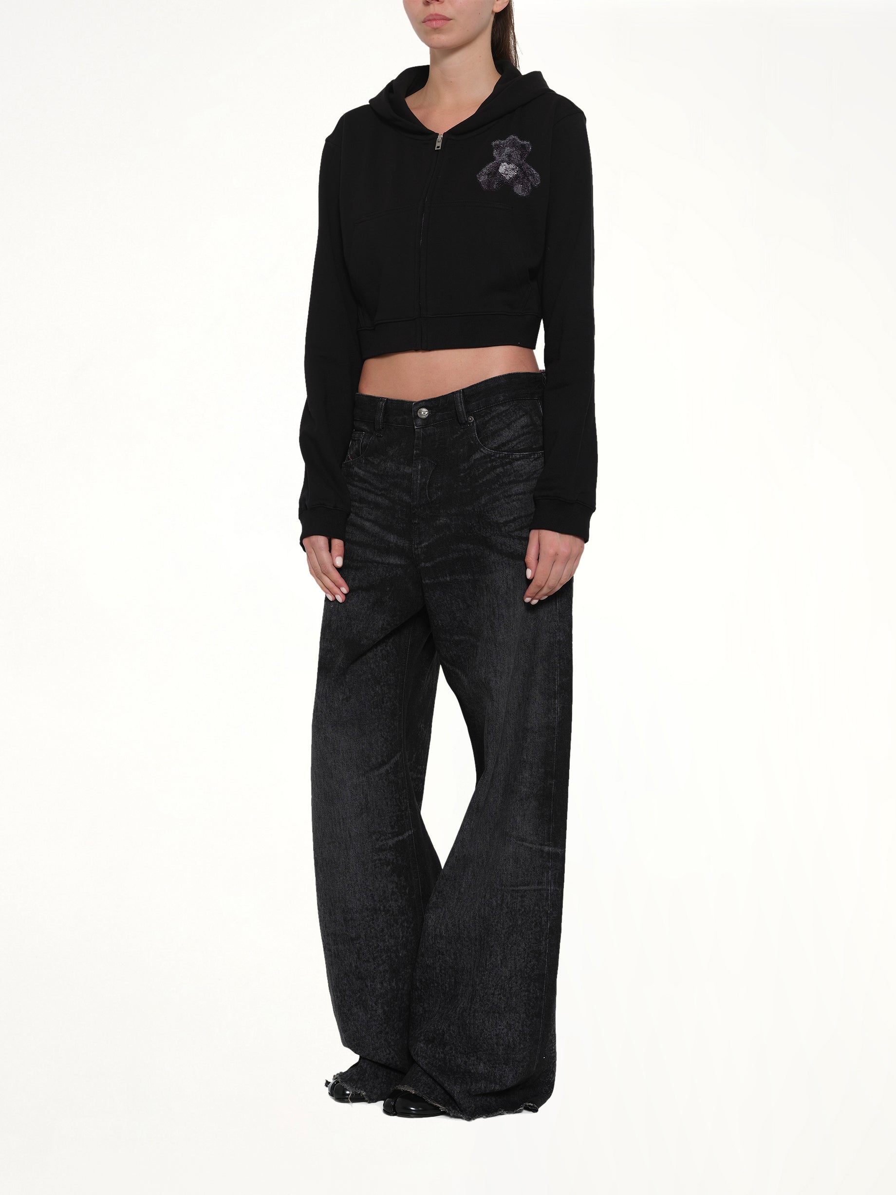 Teddy Bear Zip-Up Slim-Fit Hoodie in Black