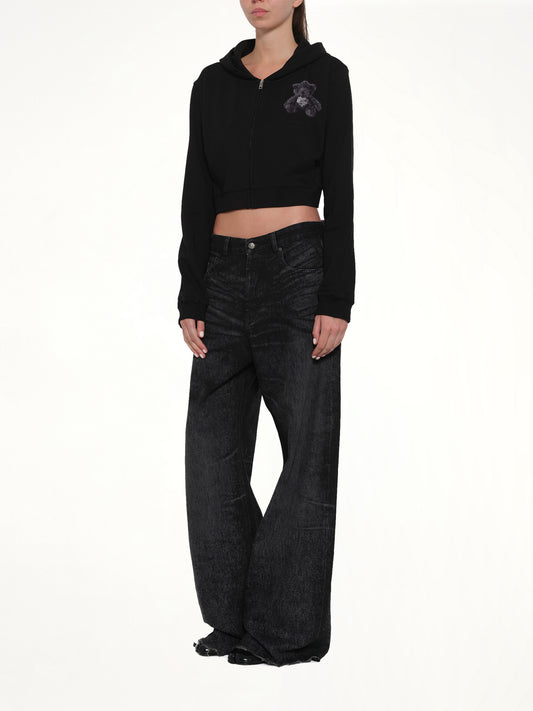 Teddy Bear Zip-Up Slim-Fit Hoodie in Black