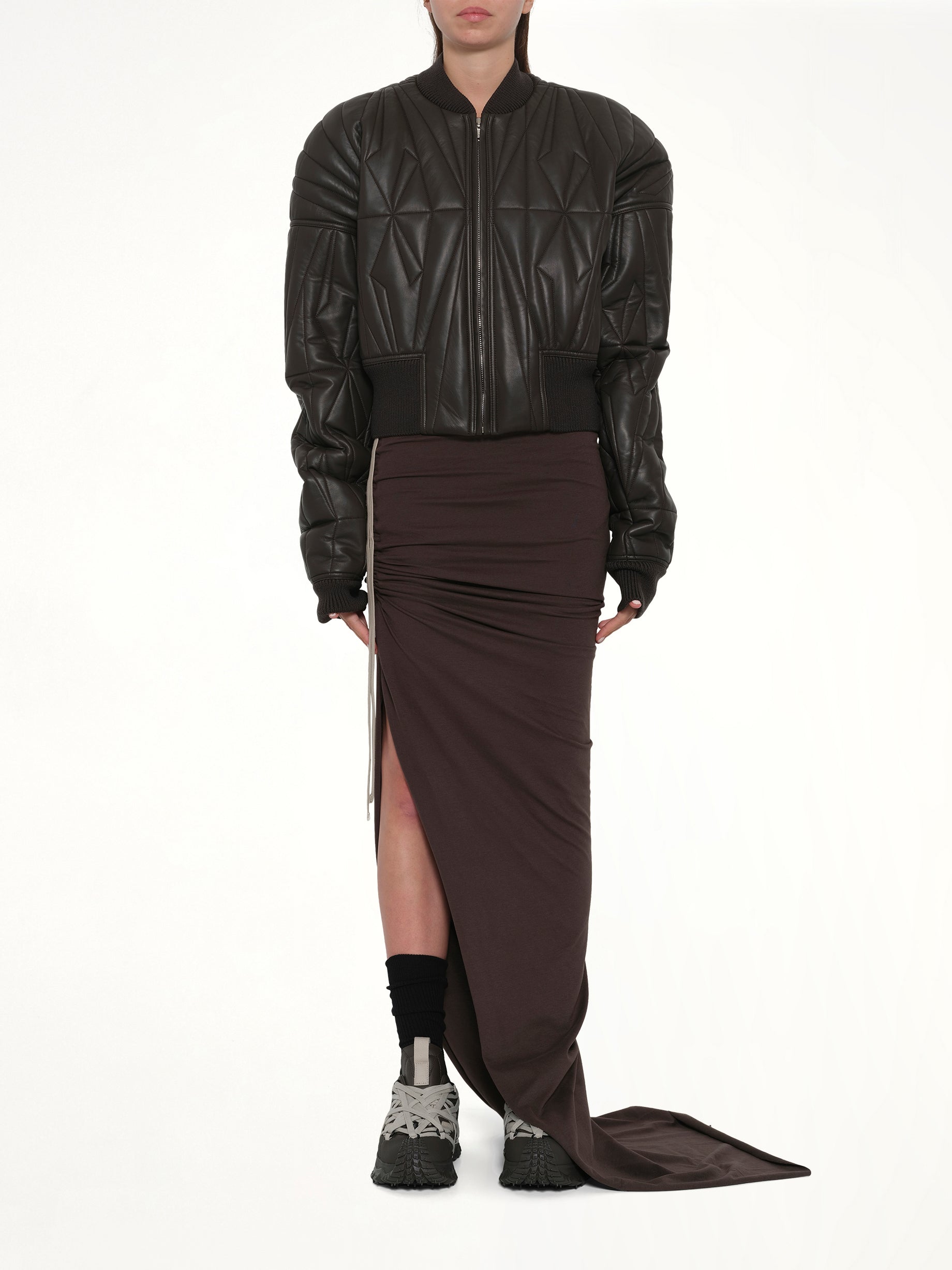 RICK OWENS , 
, 
, Rick Owens x Moncler Geocamo Cropped Jacket in Dark Dust Model View from MARAIS