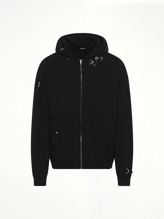 Piercing Detail Zip-Up Hoodie in Black