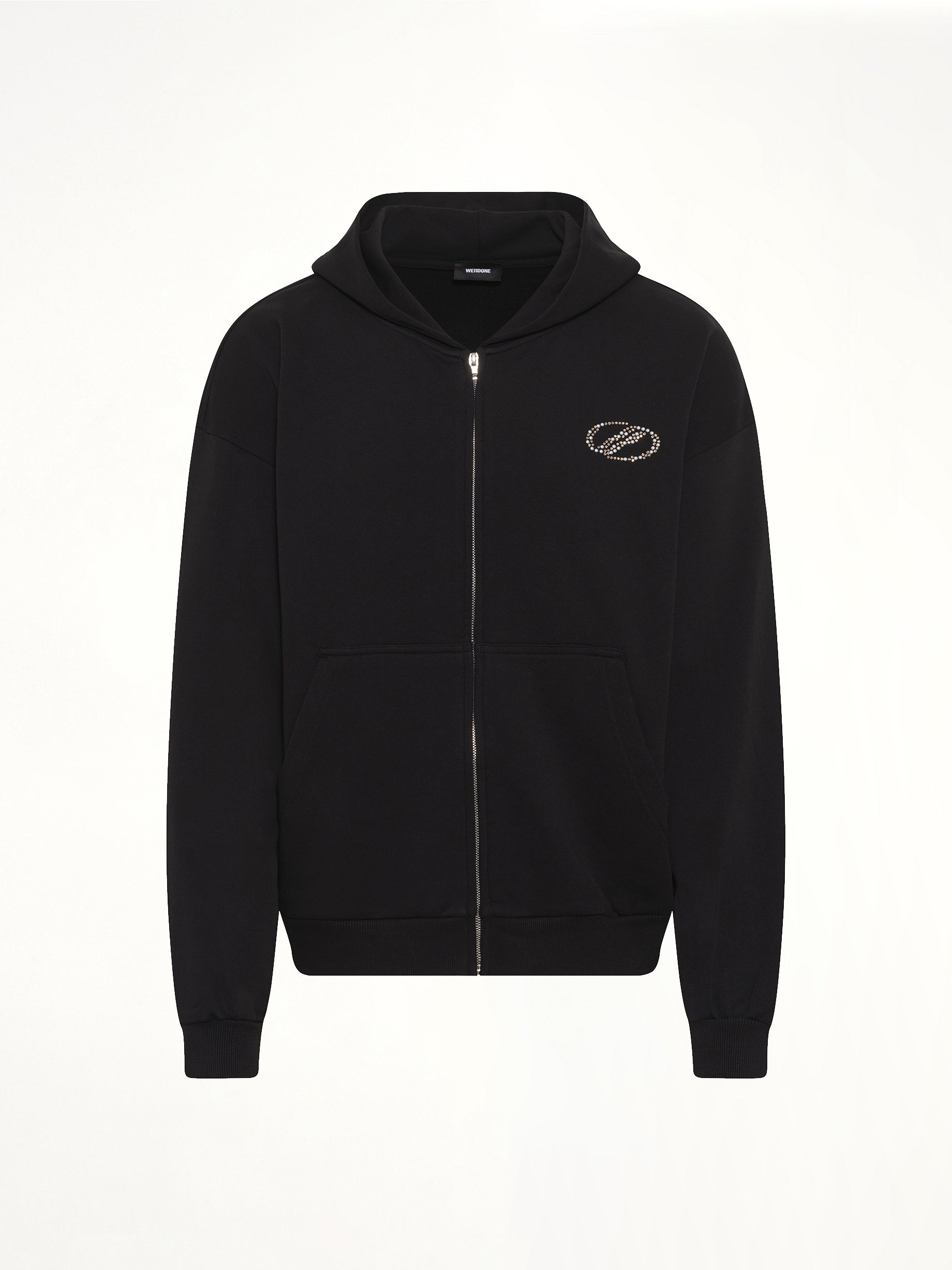 Rhinestone Zip-Up Balloon Hoodie in Black