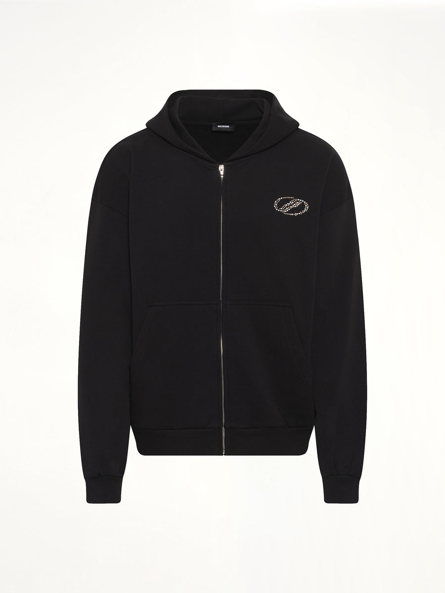 Rhinestone Zip-Up Balloon Hoodie in Black
