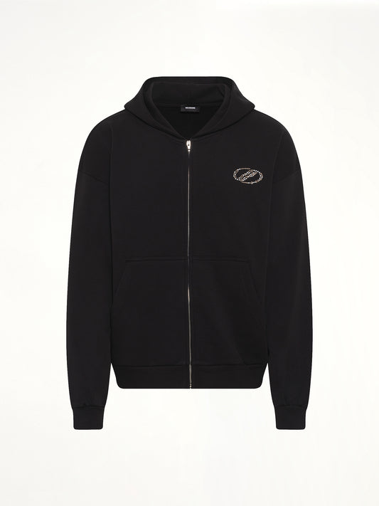 Rhinestone Zip-Up Balloon Hoodie in Black