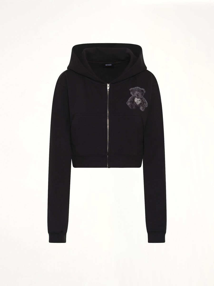 Teddy Bear Zip-Up Slim-Fit Hoodie in Black