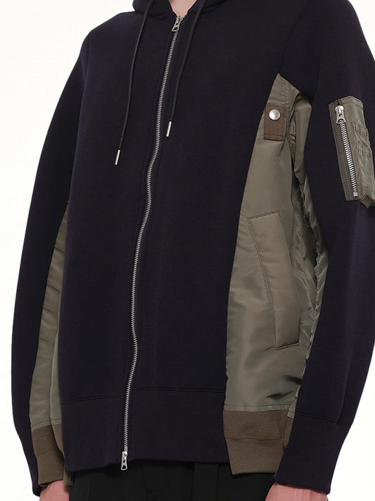 Sponge Sweat x Nylon Twill Zip Hoodie in Navy/Khaki