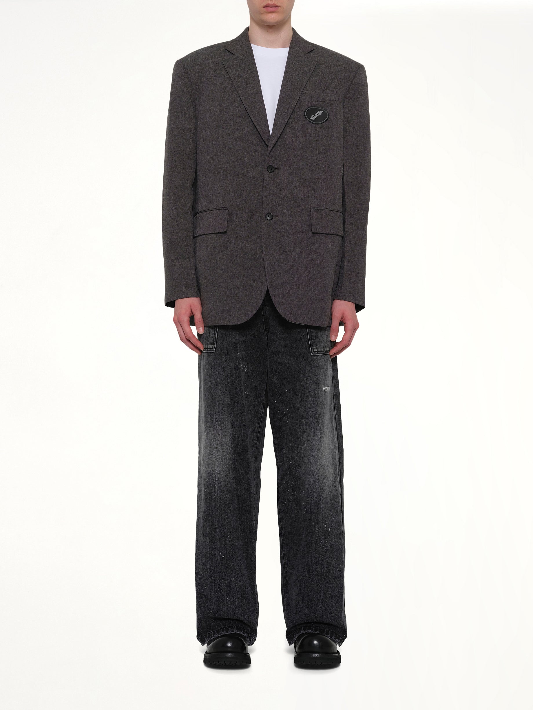 WE11DONE , Oversized Suit Logo Blazer in Charcoal Model View from MARAIS