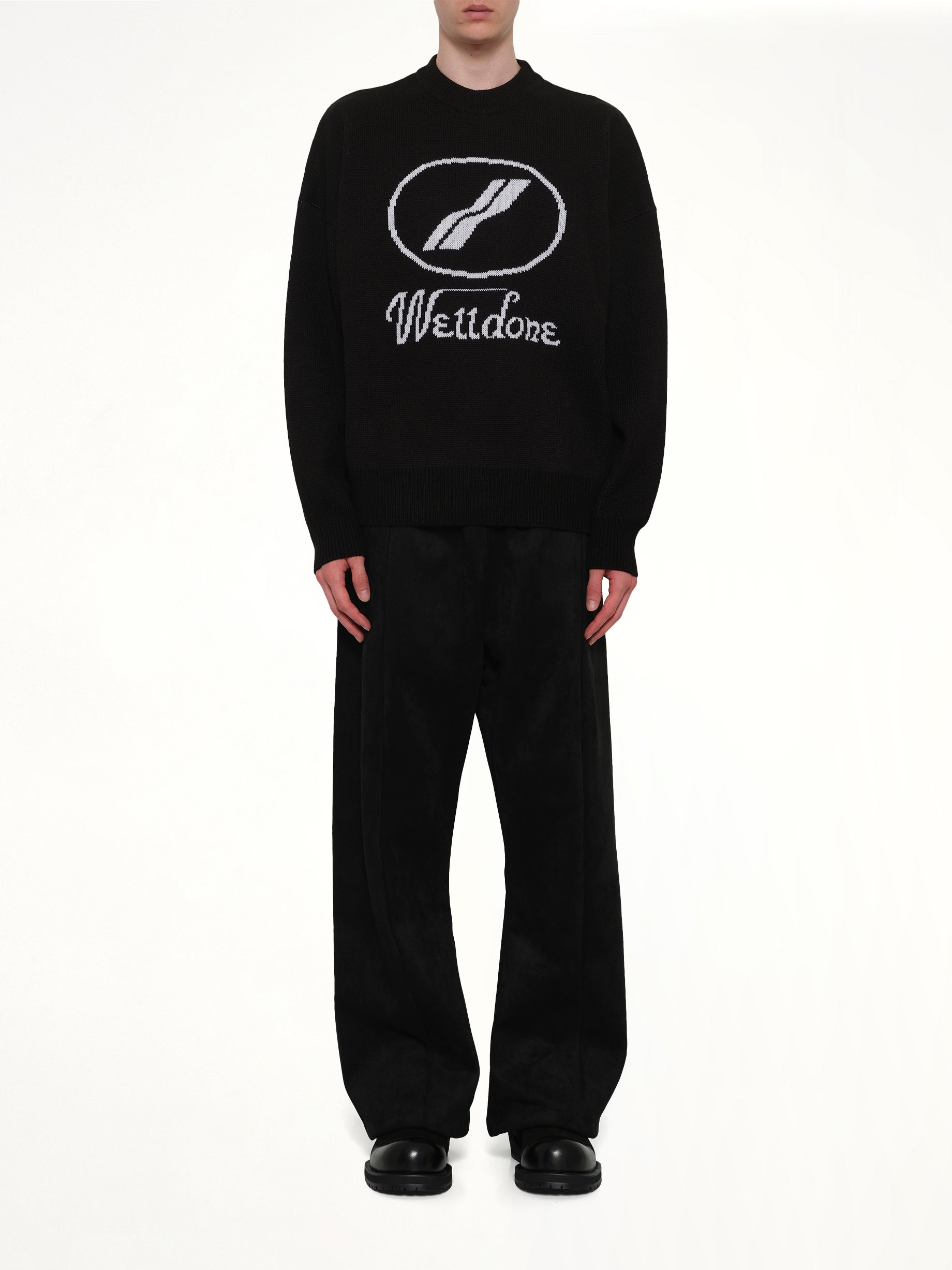 WE11DONE , Logo Jacquard Intarsia Sweater in Black Model View from MARAIS