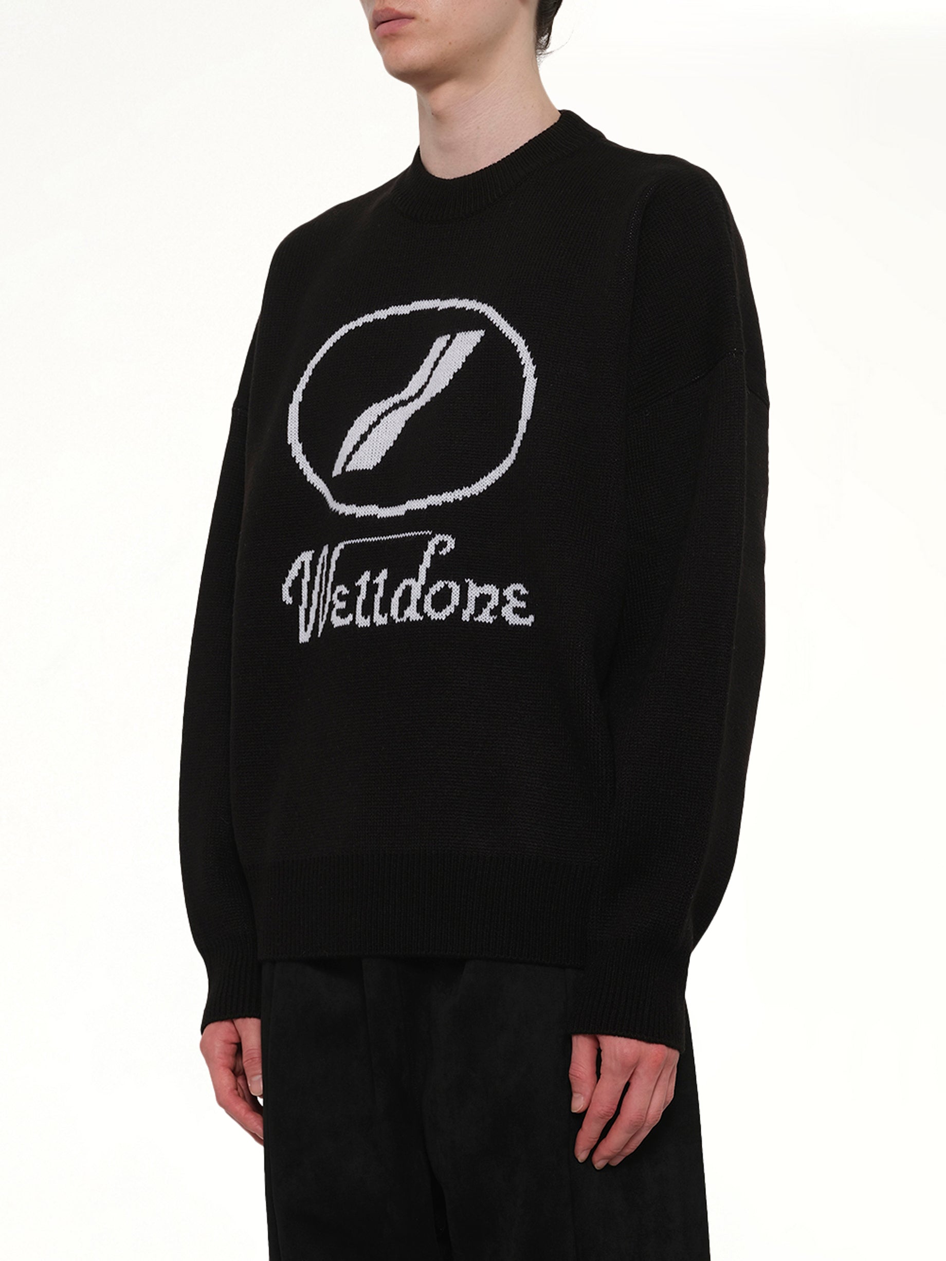 WE11DONE , Logo Jacquard Intarsia Sweater in Black Side View from MARAIS