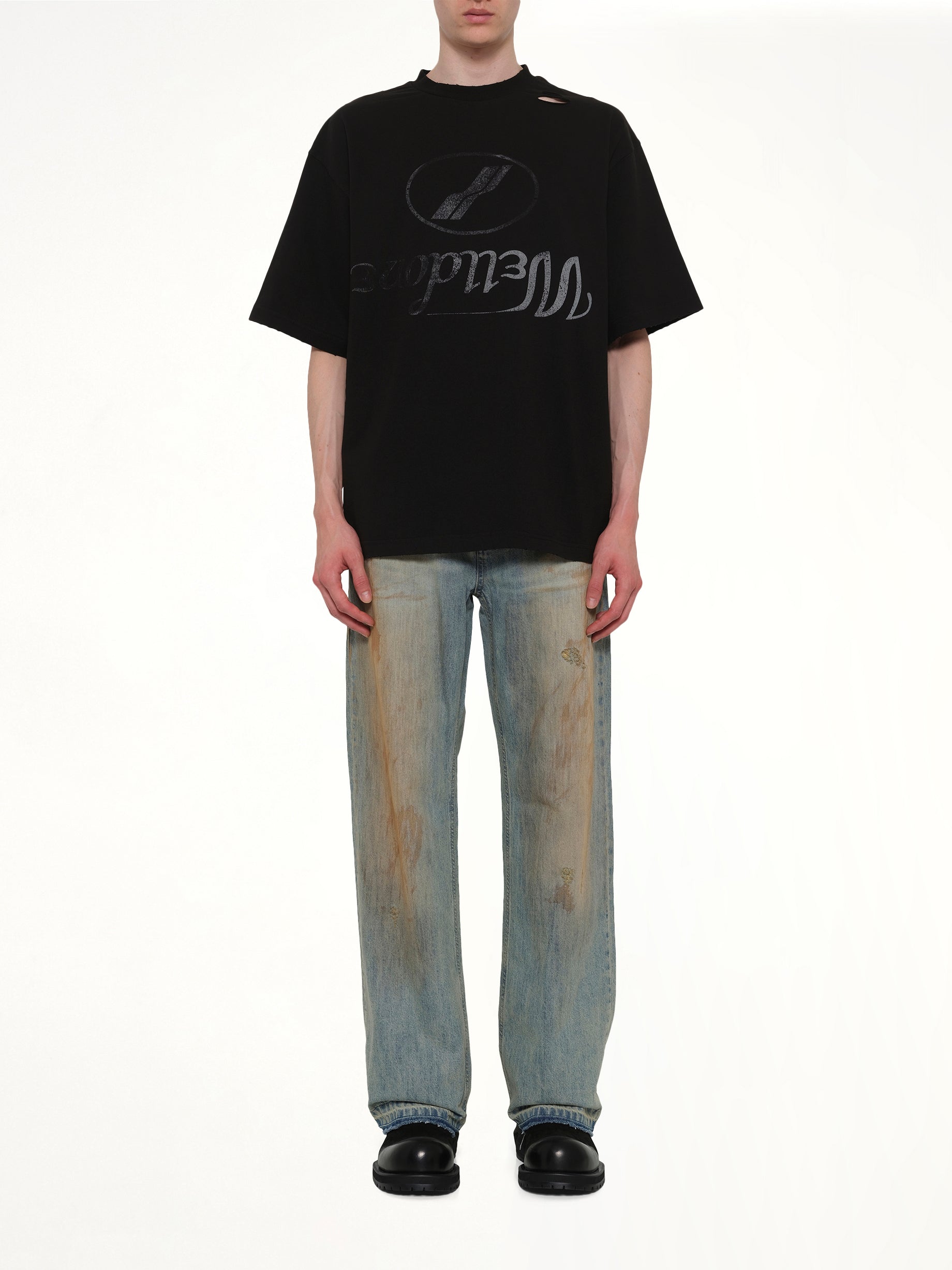 WE11DONE Destroyed Reverse Logo T-Shirt in Black Model View from MARAIS