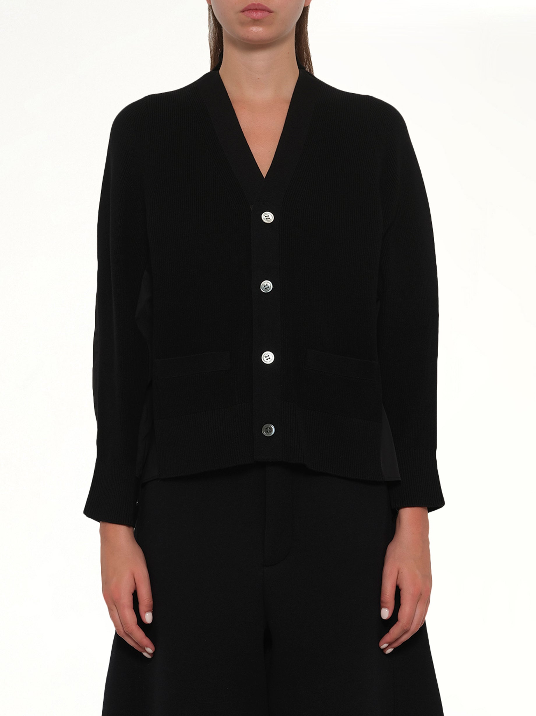 Cotton Knit x Cotton Poplin Cardigan in Black