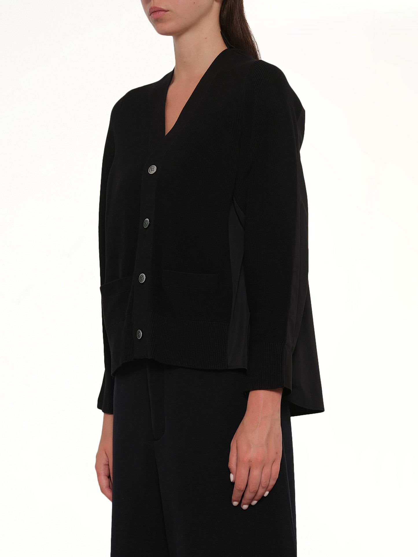 Cotton Knit x Cotton Poplin Cardigan in Black