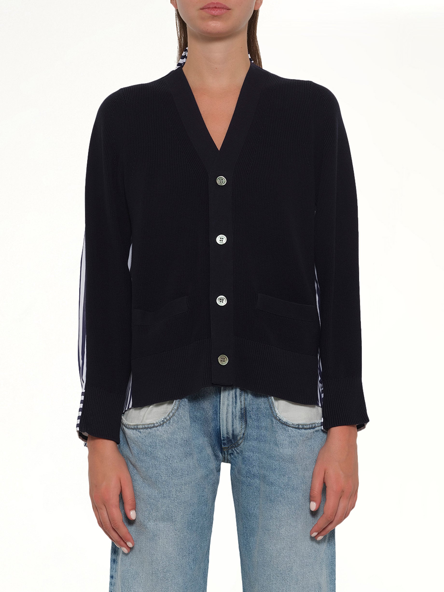 Cotton Knit x Cotton Poplin Cardigan in Navy