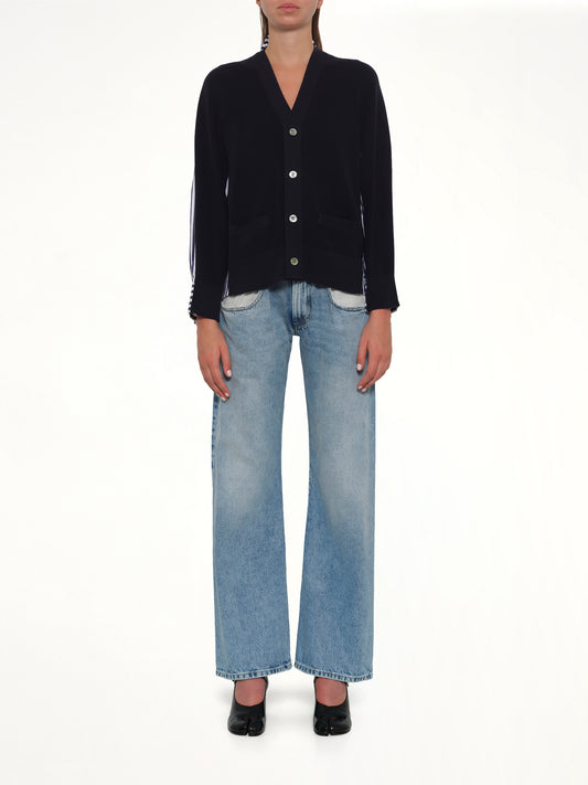 Cotton Knit x Cotton Poplin Cardigan in Navy