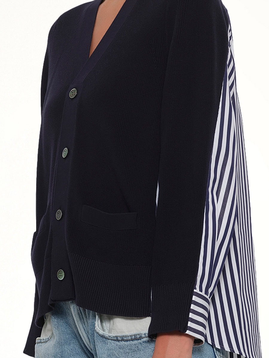 Cotton Knit x Cotton Poplin Cardigan in Navy