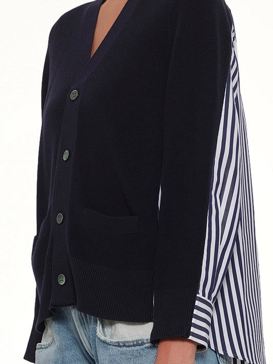 Cotton Knit x Cotton Poplin Cardigan in Navy