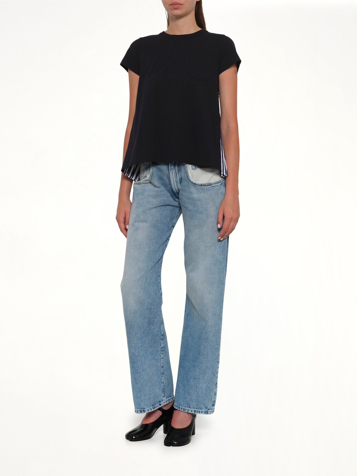 Cotton Poplin x Cotton Jersey T-Shirt in Navy