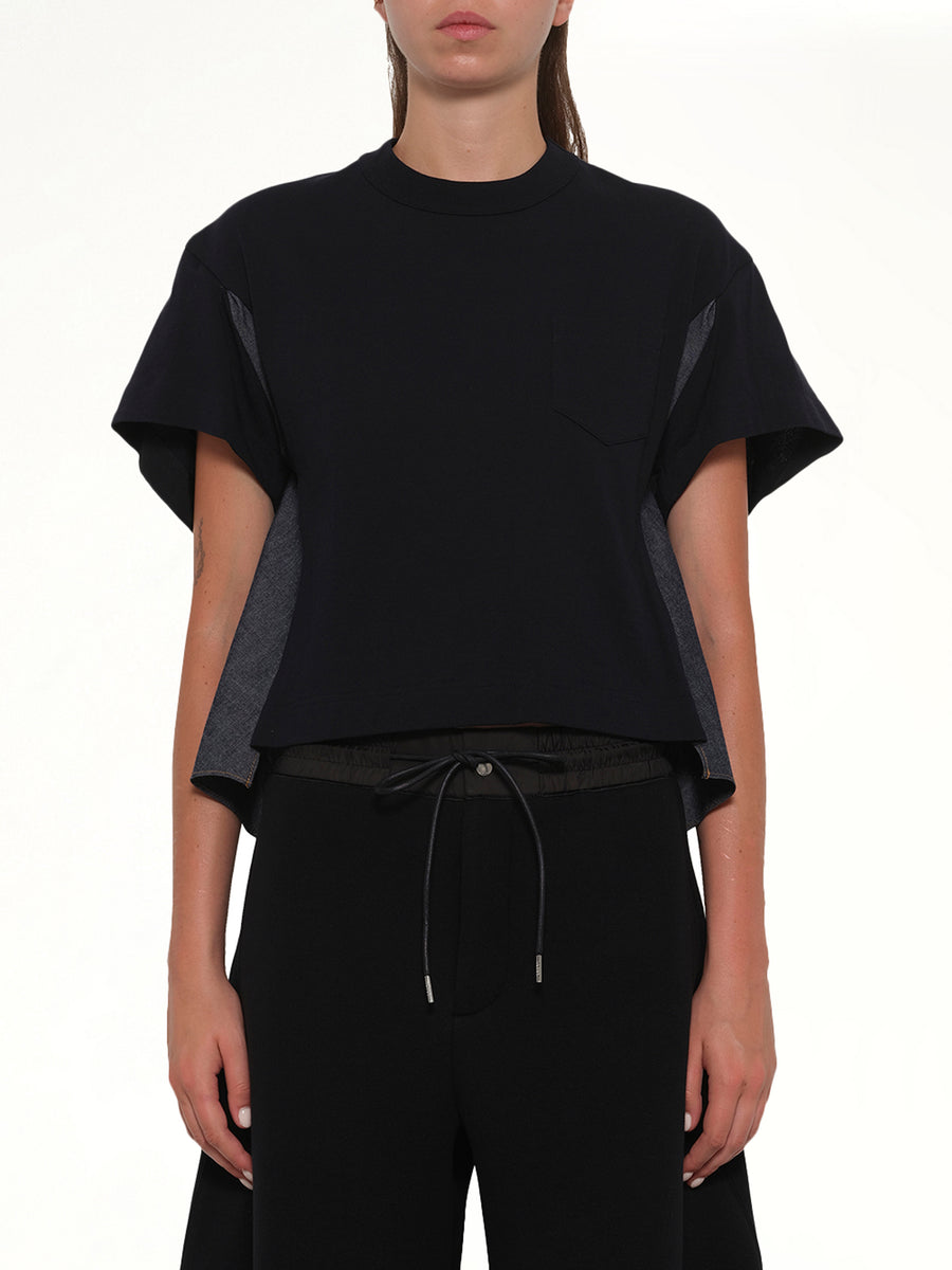 Light Weight Denim x Poplin Jersey T-Shirt in Navy/Blue