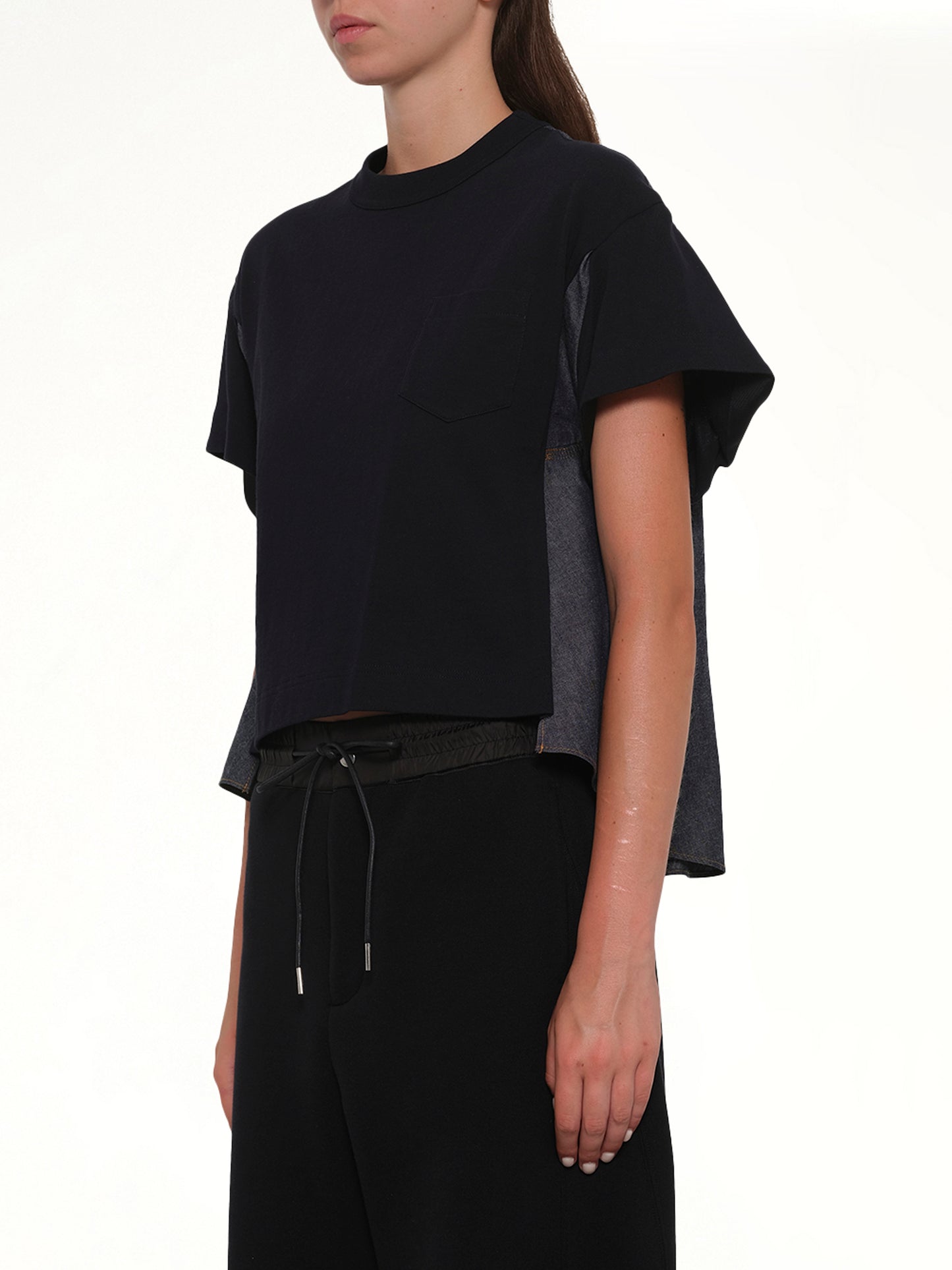 Light Weight Denim x Poplin Jersey T-Shirt in Navy/Blue