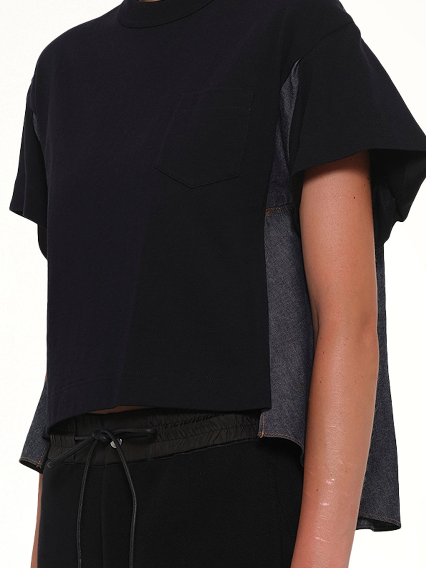 Light Weight Denim x Poplin Jersey T-Shirt in Navy/Blue