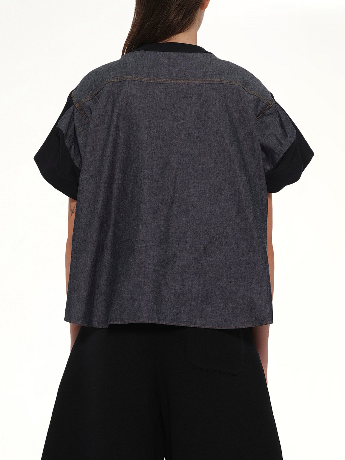 Light Weight Denim x Poplin Jersey T-Shirt in Navy/Blue