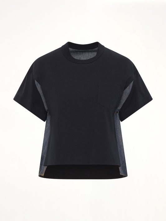 Light Weight Denim x Poplin Jersey T-Shirt in Navy/Blue