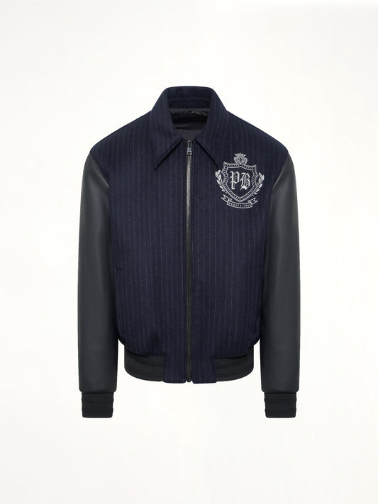 Pinstripe Wool Varsity Jacket in Blue Marine