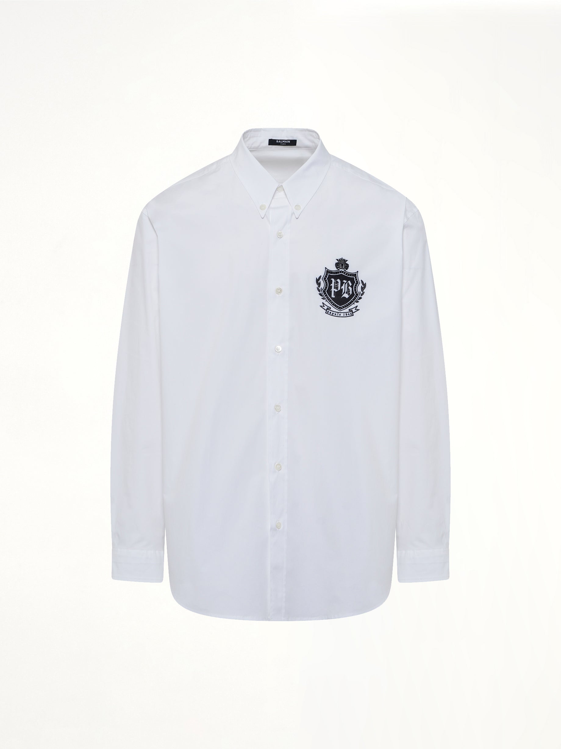 BALMAIN , College Poplin Emblem Shirt in White Product Photo from MARAIS