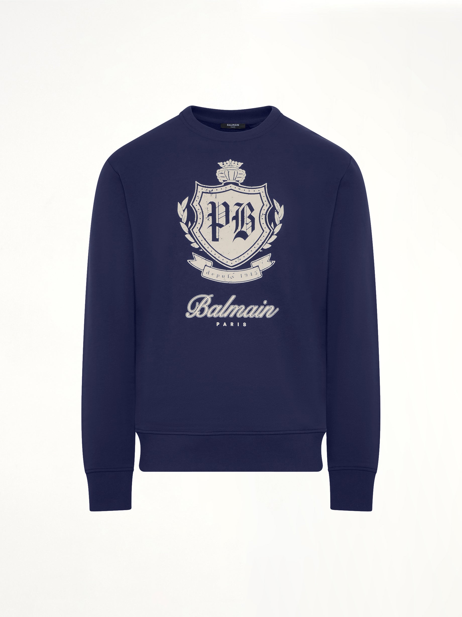 BALMAIN College Emblem Sweatshirt in Blue/Beige Product Photo from MARAIS