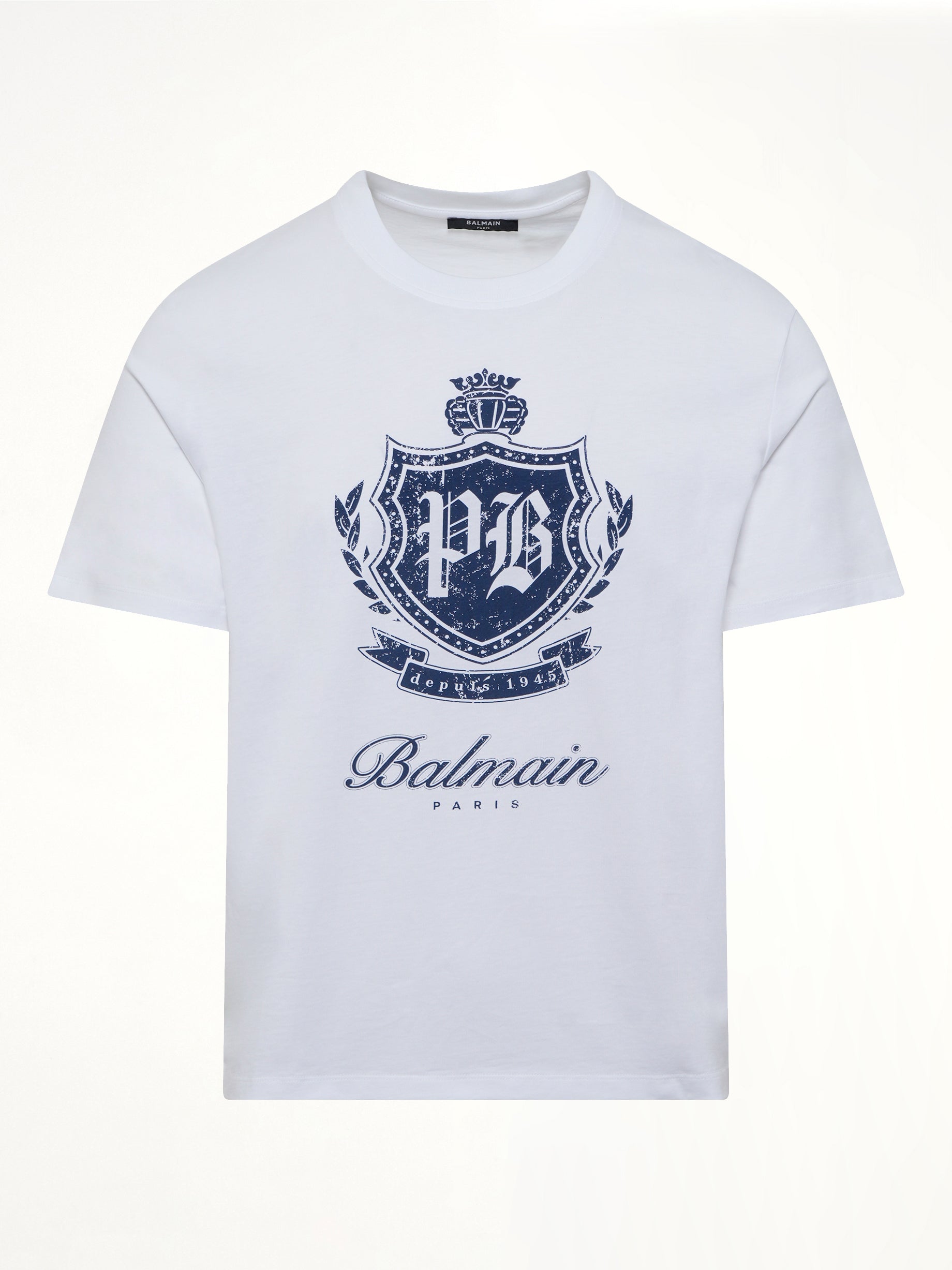BALMAIN College Emblem Print T-Shirt in White/Blue Product Photo from MARAIS