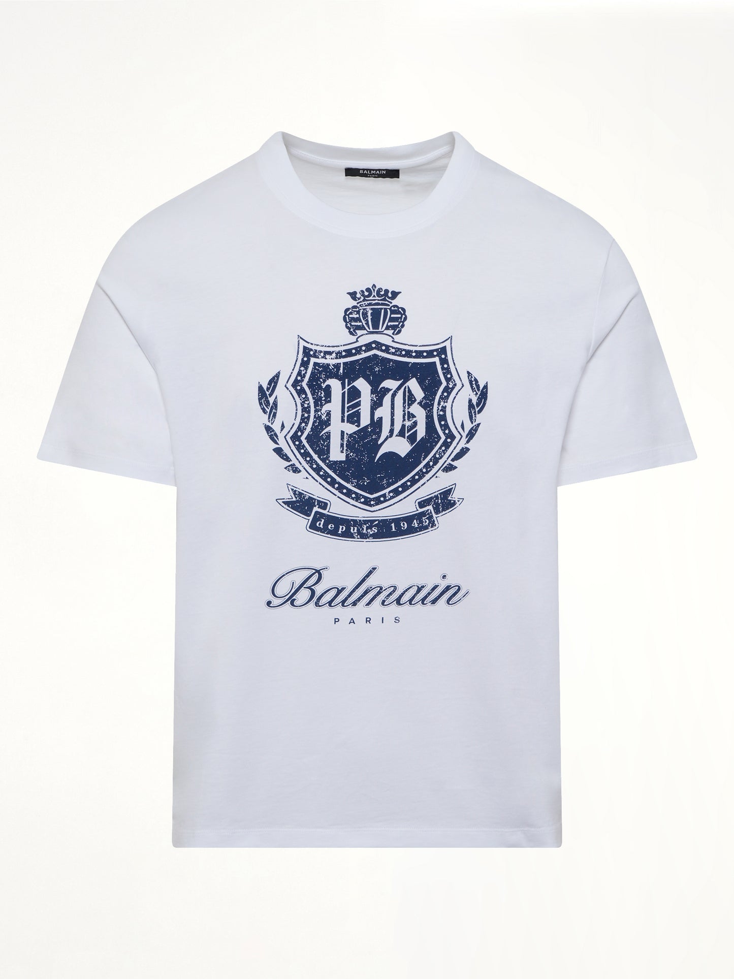 College Emblem Print T-Shirt in White/Blue