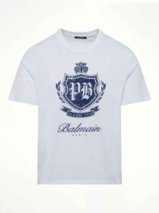 College Emblem Print T-Shirt in White/Blue