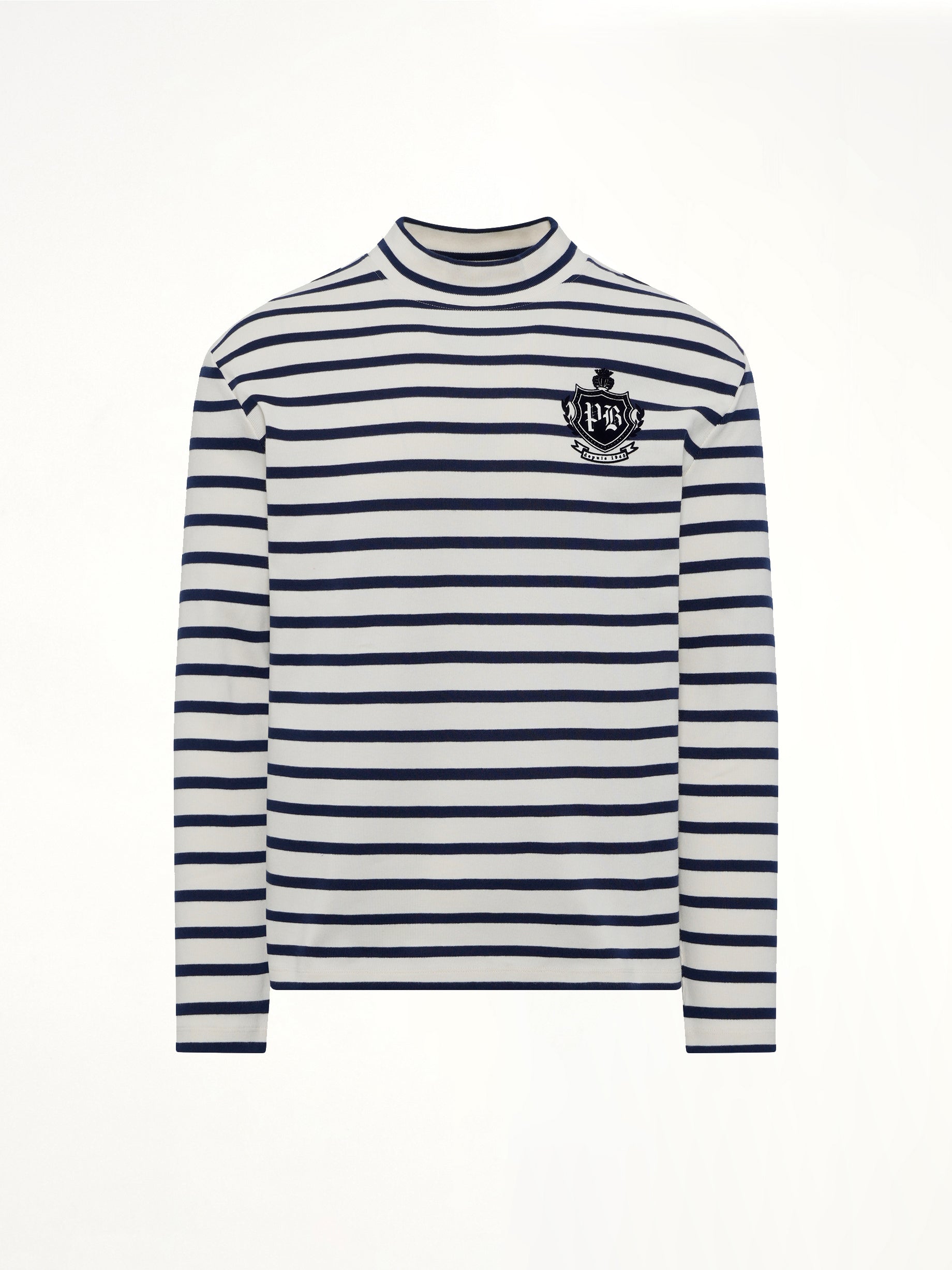 BALMAIN Emblem Flock Highneck LS T-Shirt in Beige/Blue Product Photo from MARAIS