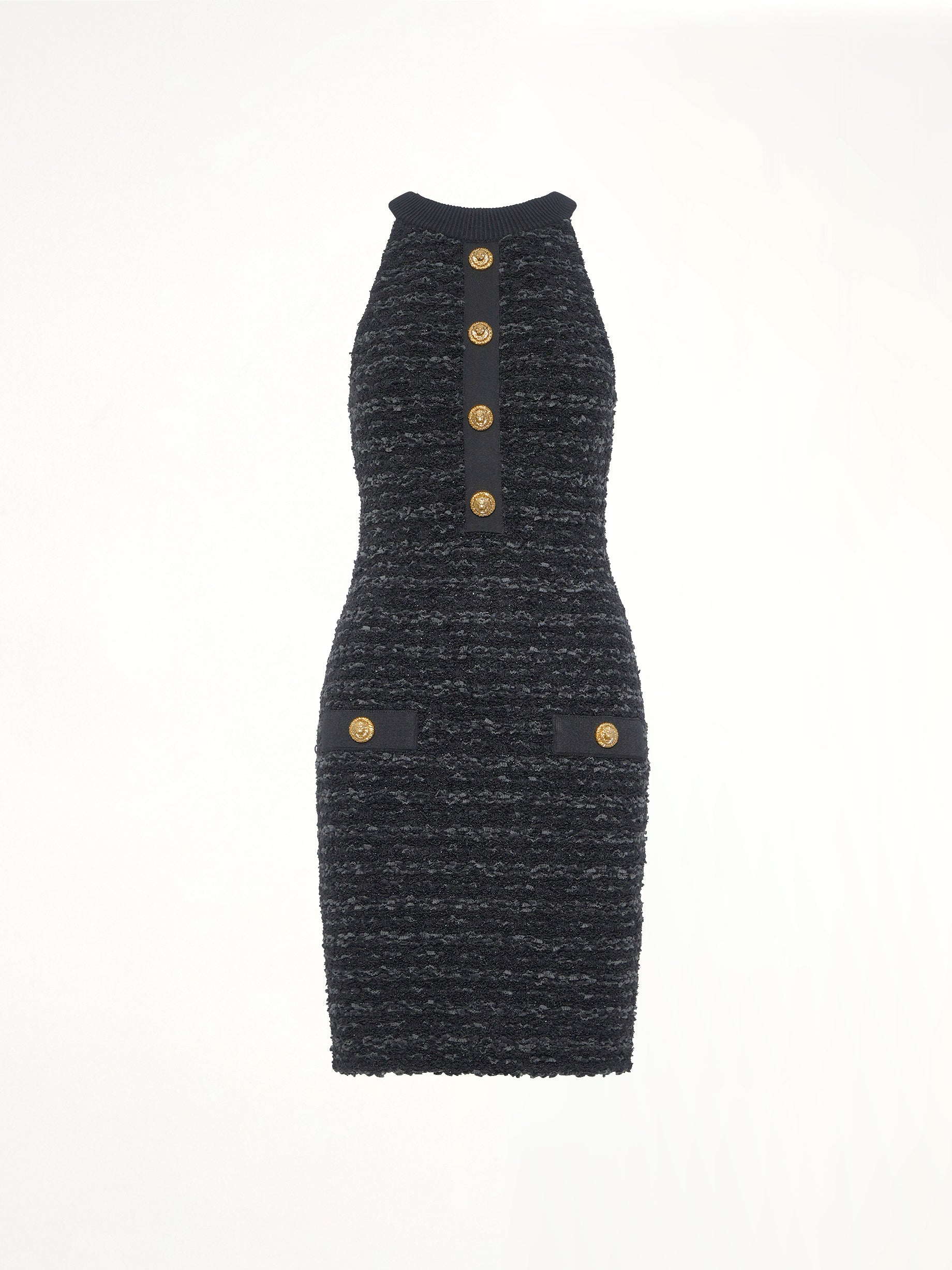 BALMAIN , 
, 
, Halterneck Knit Tweed Dress in Black Product Photo from MARAIS