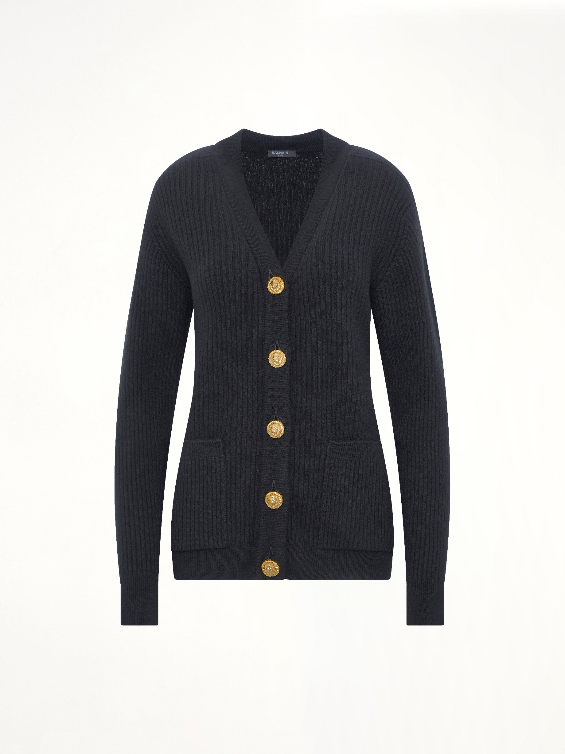 BALMAIN Buttoned Cashmere Cardigan in Black Product Photo from MARAIS