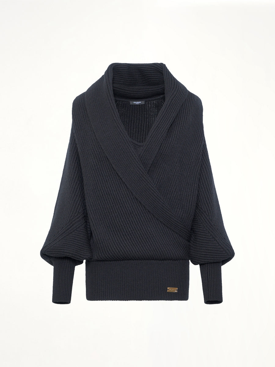 Batwing Hooded Rib Knit Pullover in Black