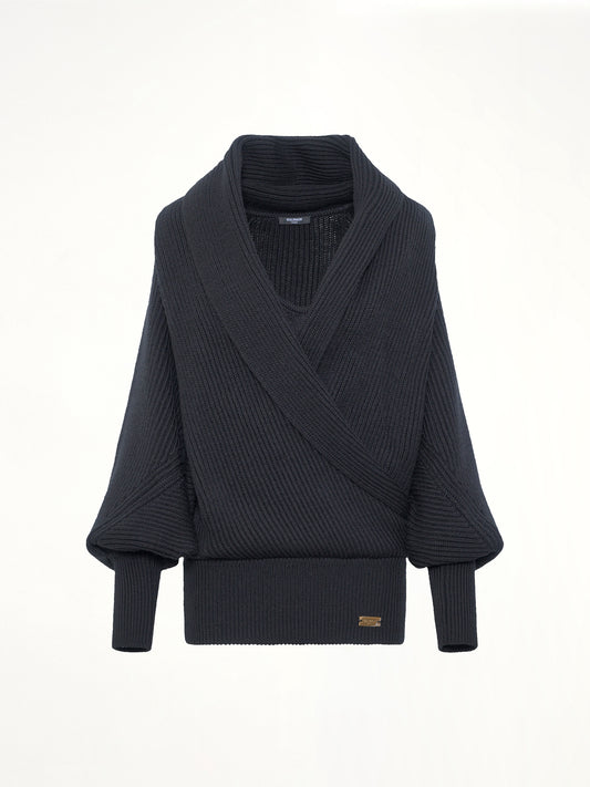 Batwing Hooded Rib Knit Pullover in Black