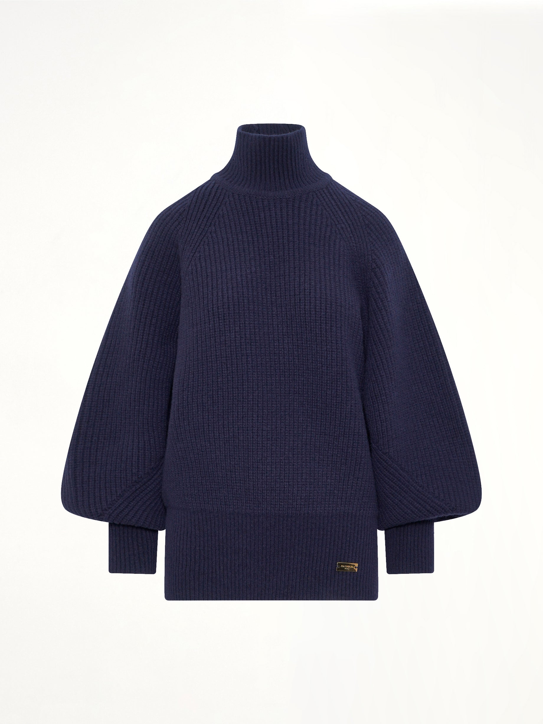 BALMAIN Batwing Ribbed Knit Pullover in Blue Product Photo from MARAIS