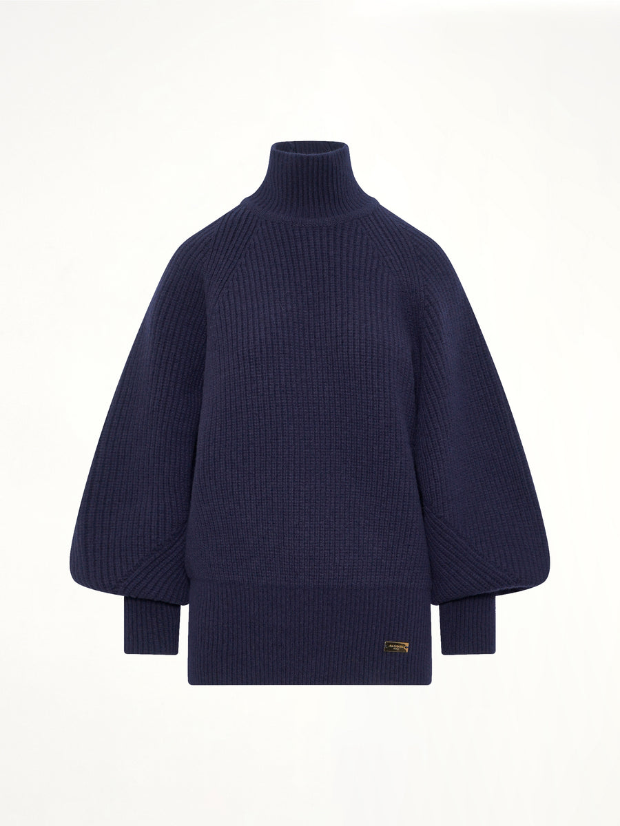 Batwing Ribbed Knit Pullover in Blue