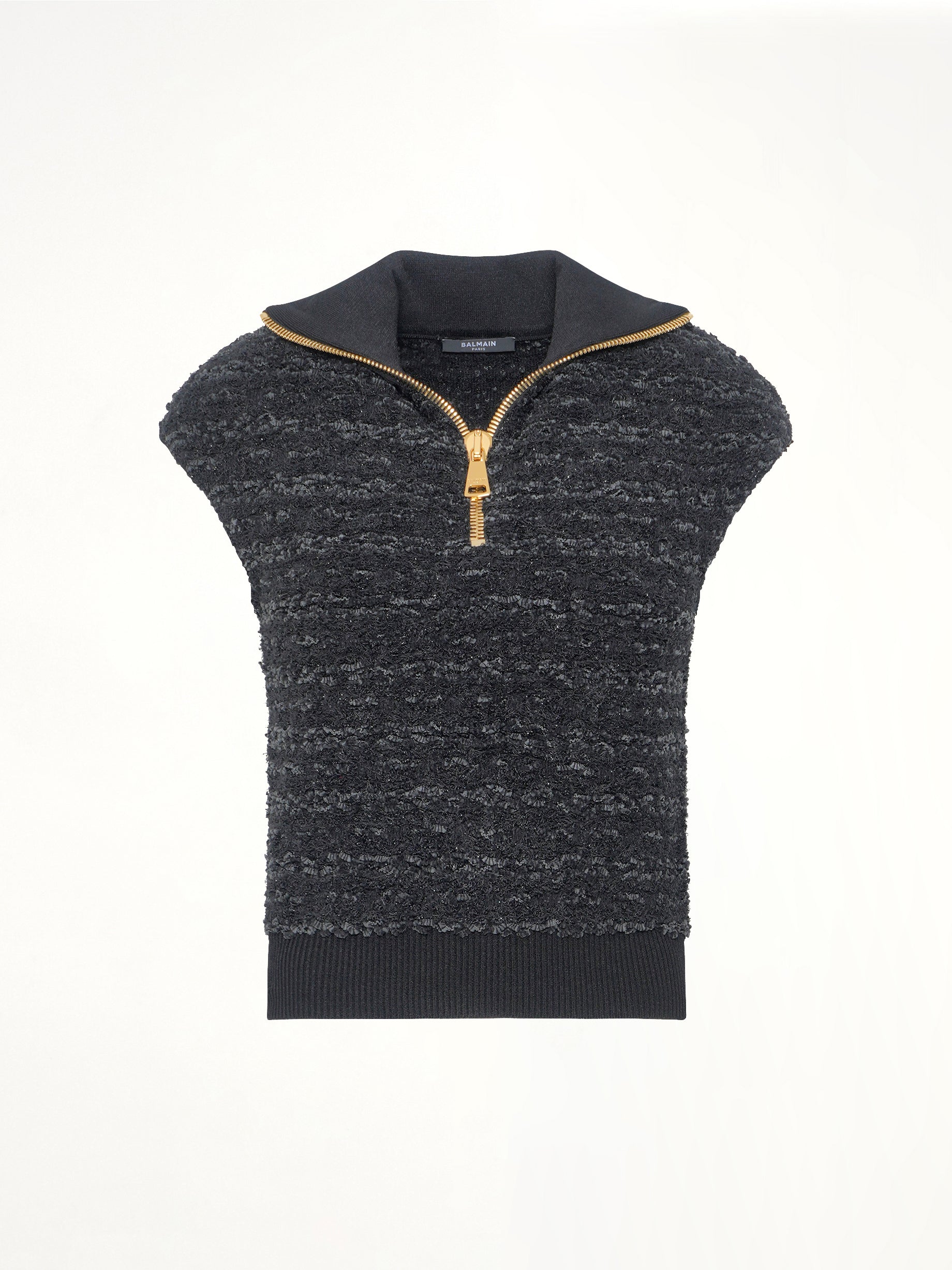 BALMAIN , 
, Zipped Short Sleeve Knit Tweed Top in Black Product Photo from MARAIS