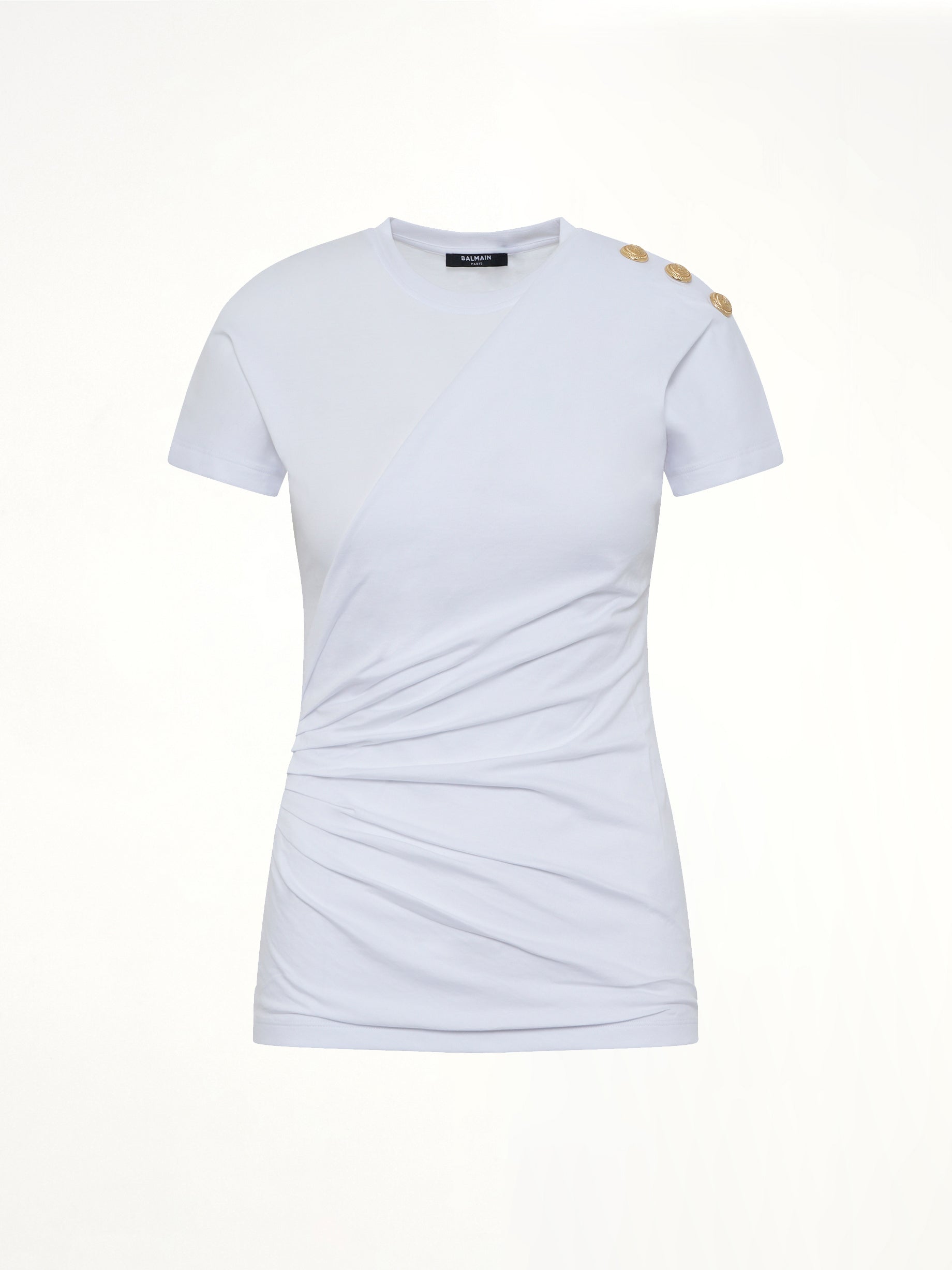 BALMAIN 3 Buttons Knotted T-Shirt in White/Black Product Photo from MARAIS