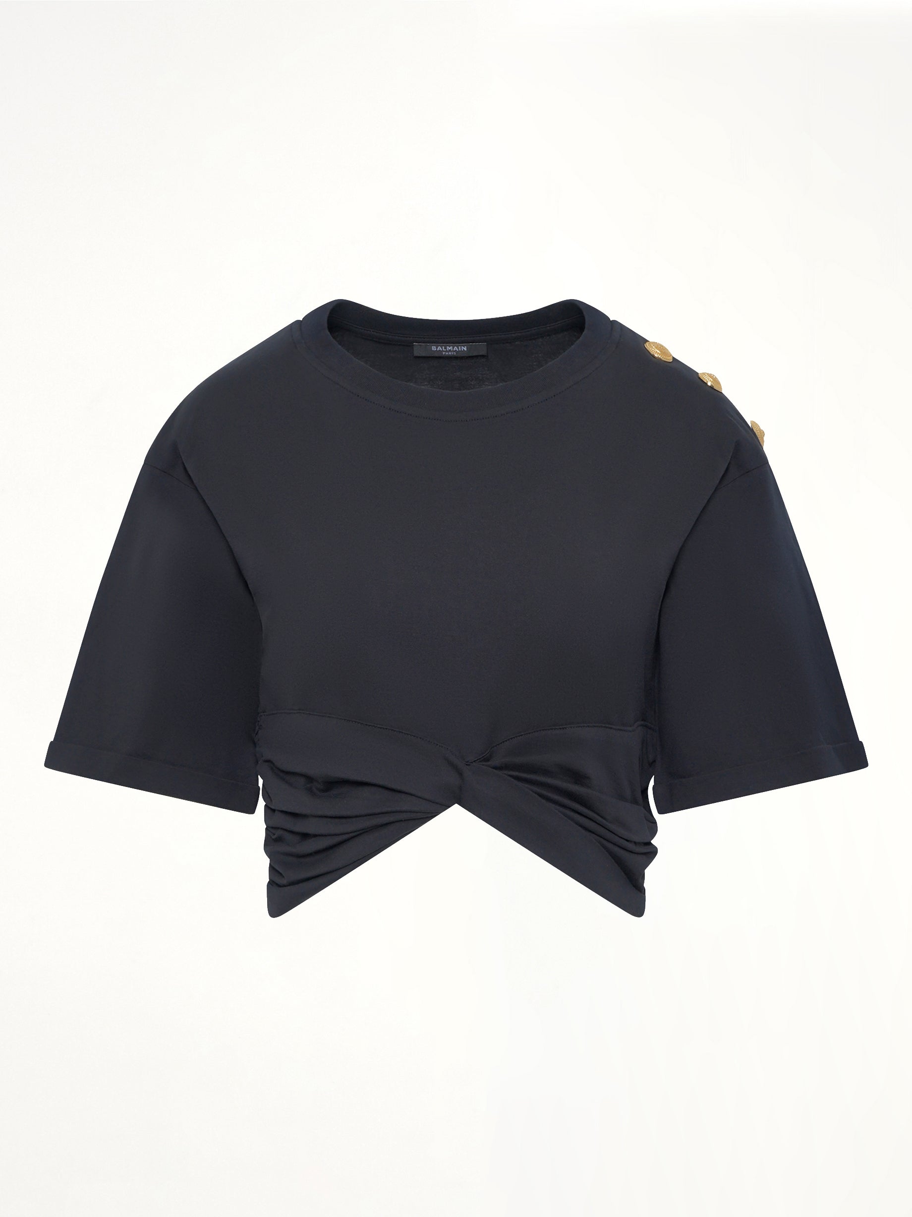 BALMAIN Cropped Knotted T-Shirt in Black/Beige Product Photo from MARAIS