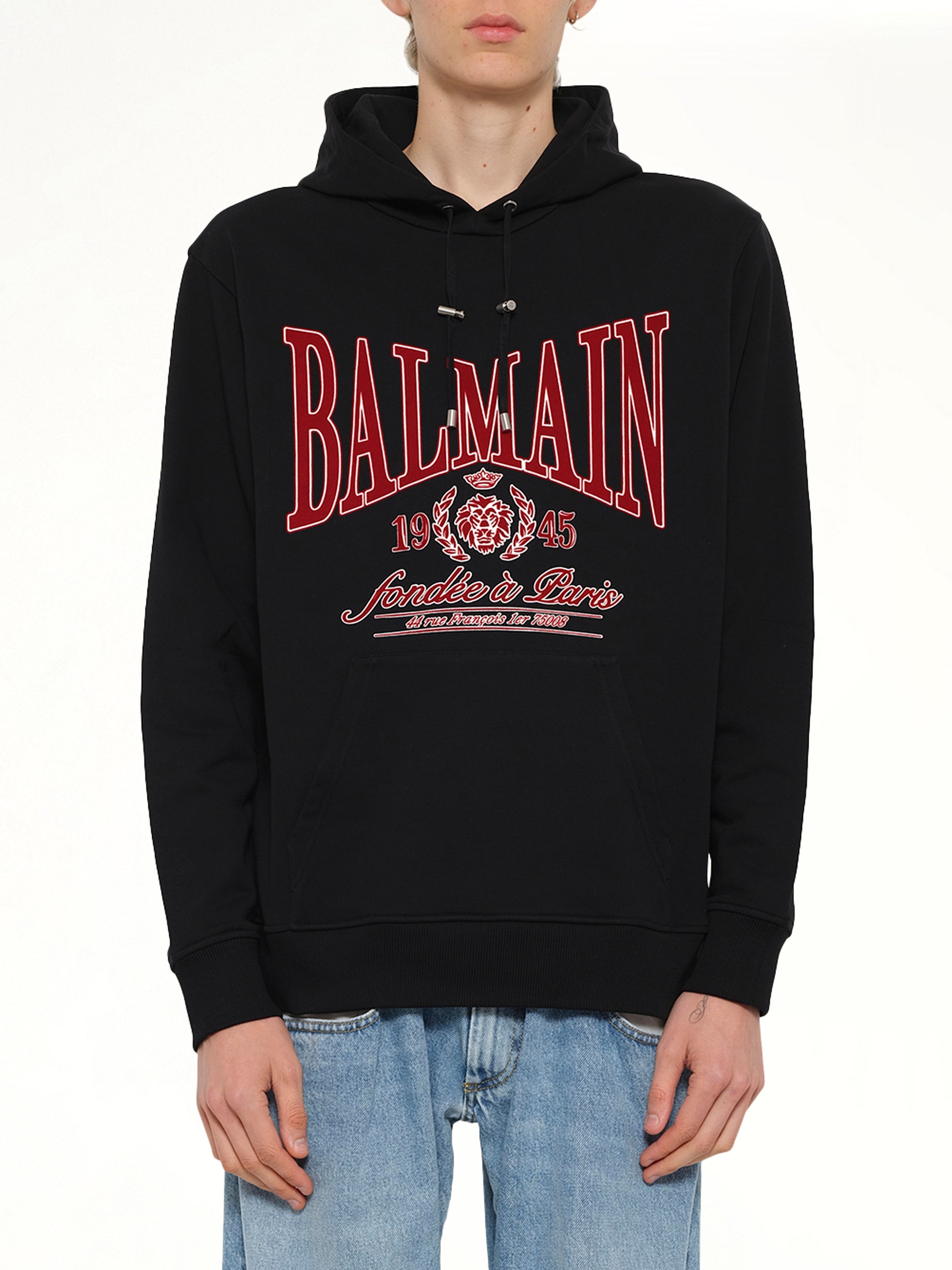 Balmain College Flock Hoodie in Black/Red
