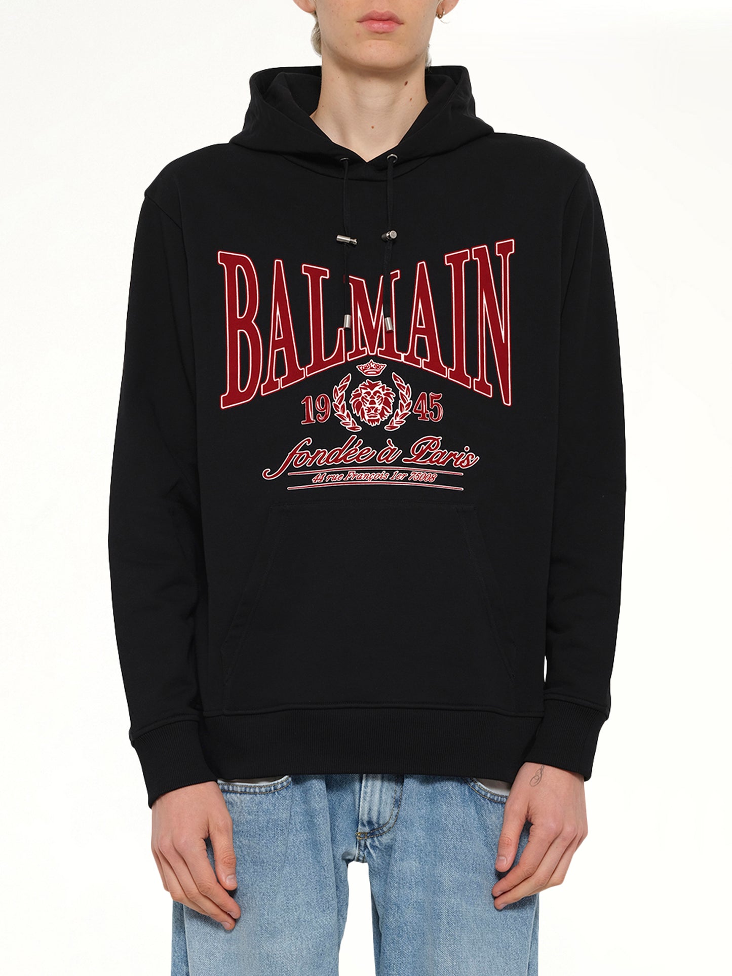 Balmain College Flock Hoodie in Black/Red