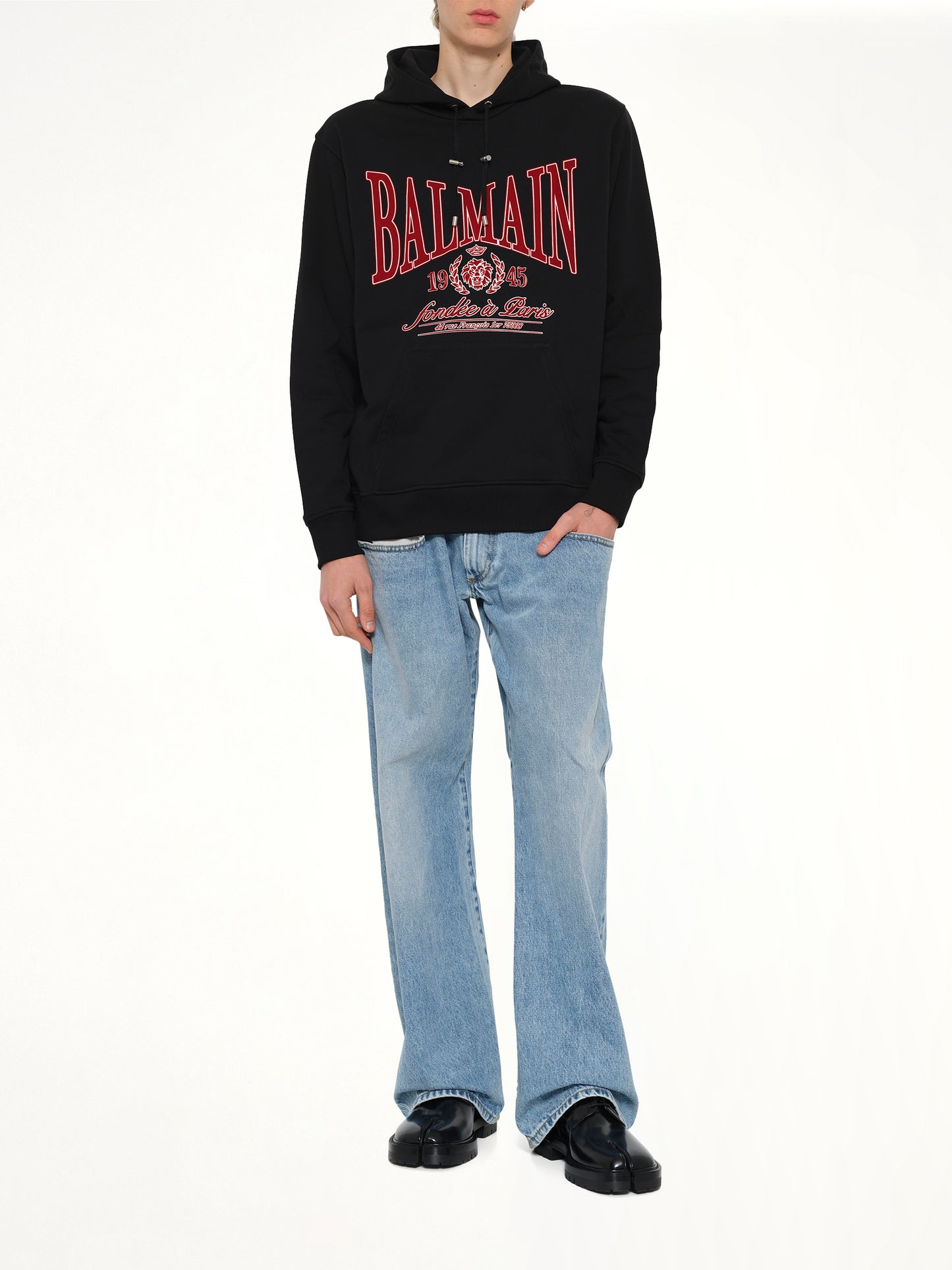 Balmain College Flock Hoodie in Black/Red