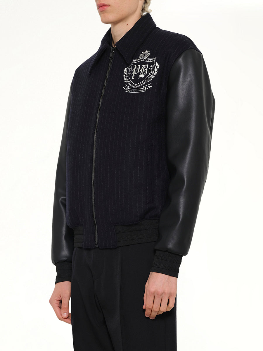 Pinstripe Wool Varsity Jacket in Blue Marine