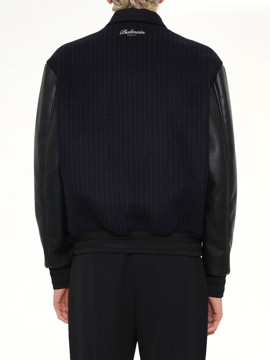 Pinstripe Wool Varsity Jacket in Blue Marine